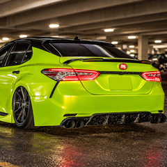 2018-2024 Camry K-Style Hollow-Side Trunk Spoiler — K-style spoiler on a green Camry, straight rear view