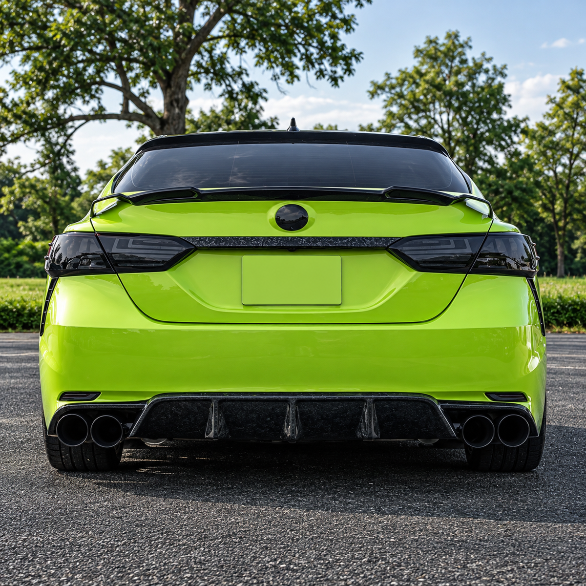 2018-2024 Camry K-Style Hollow-Side Trunk Spoiler — K-style spoiler on a green Camry, full rear view