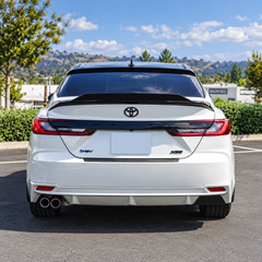 2025-2026 Camry R-Style High-Kick Duckbill Trunk Spoiler — R-style spoiler installed on a white Camry, straight rear view