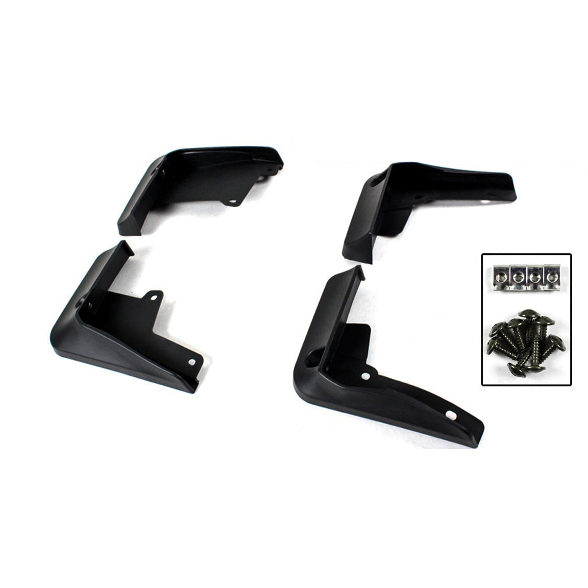 2018-2024 Camry LE/XLE 4-Piece Splash Guards — four LE/XLE splash guards and mounting screws laid out