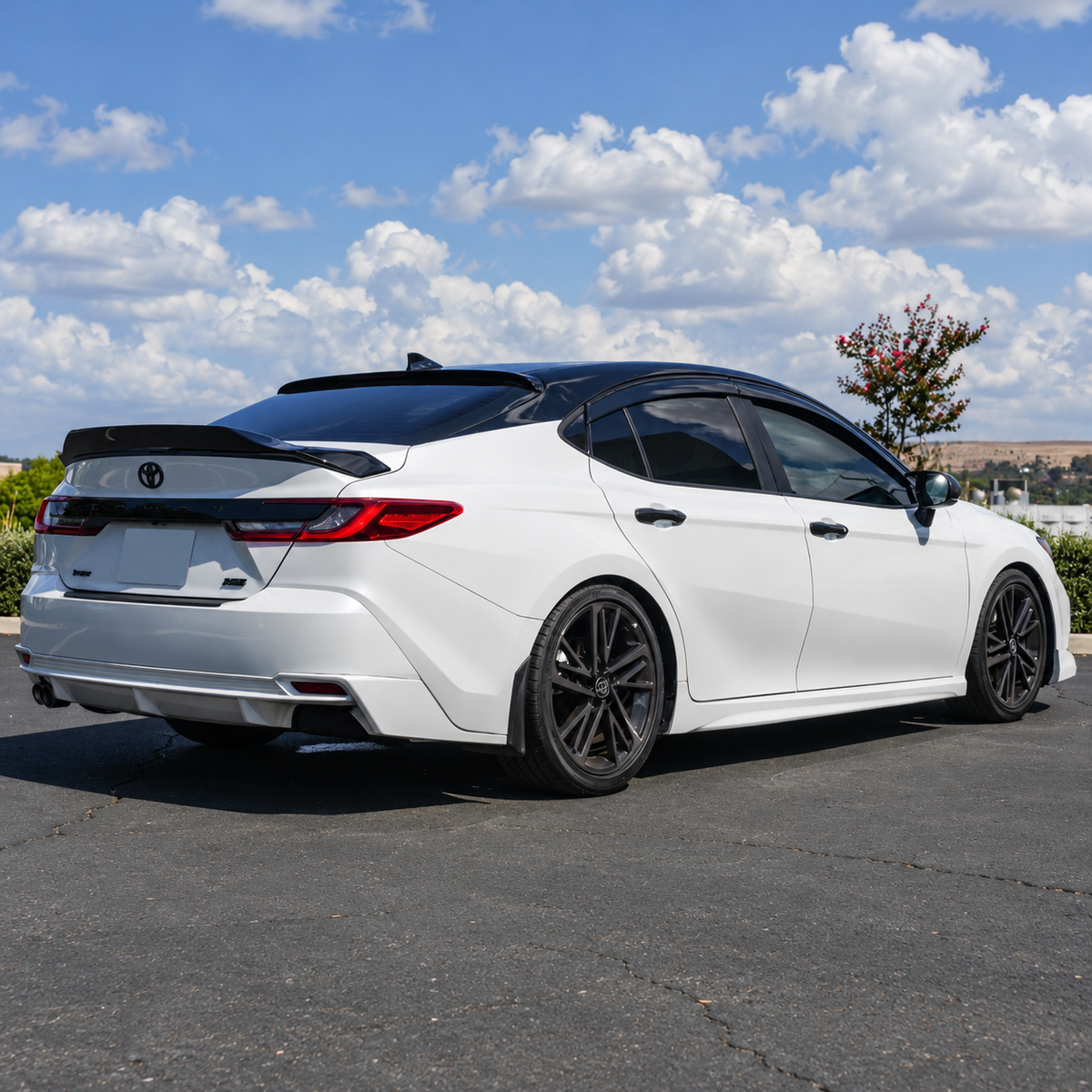 2025-2026 Camry R-Style High-Kick Duckbill Trunk Spoiler — R-style spoiler installed, rear three-quarter view