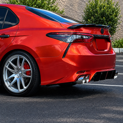2018-2024 Camry K-Style Hollow-Side Trunk Spoiler — K-style spoiler installed on a red Camry, rear detail