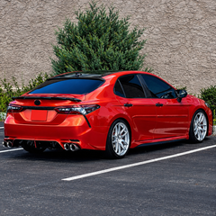 2018-2024 Camry K-Style Hollow-Side Trunk Spoiler — K-style spoiler on a red Camry, rear three-quarter view