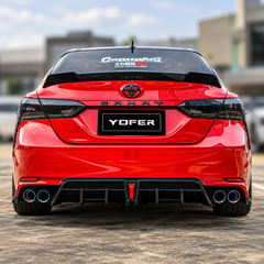 2018-2024 Camry YOFER V2 High-Kick Duckbill Trunk Spoiler — YOFER V2 spoiler on a red Camry, straight rear view