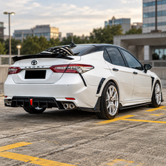 2018-2024 Camry YOFER V2 High-Kick Duckbill Trunk Spoiler — YOFER V2 spoiler on a white Camry, rear angle