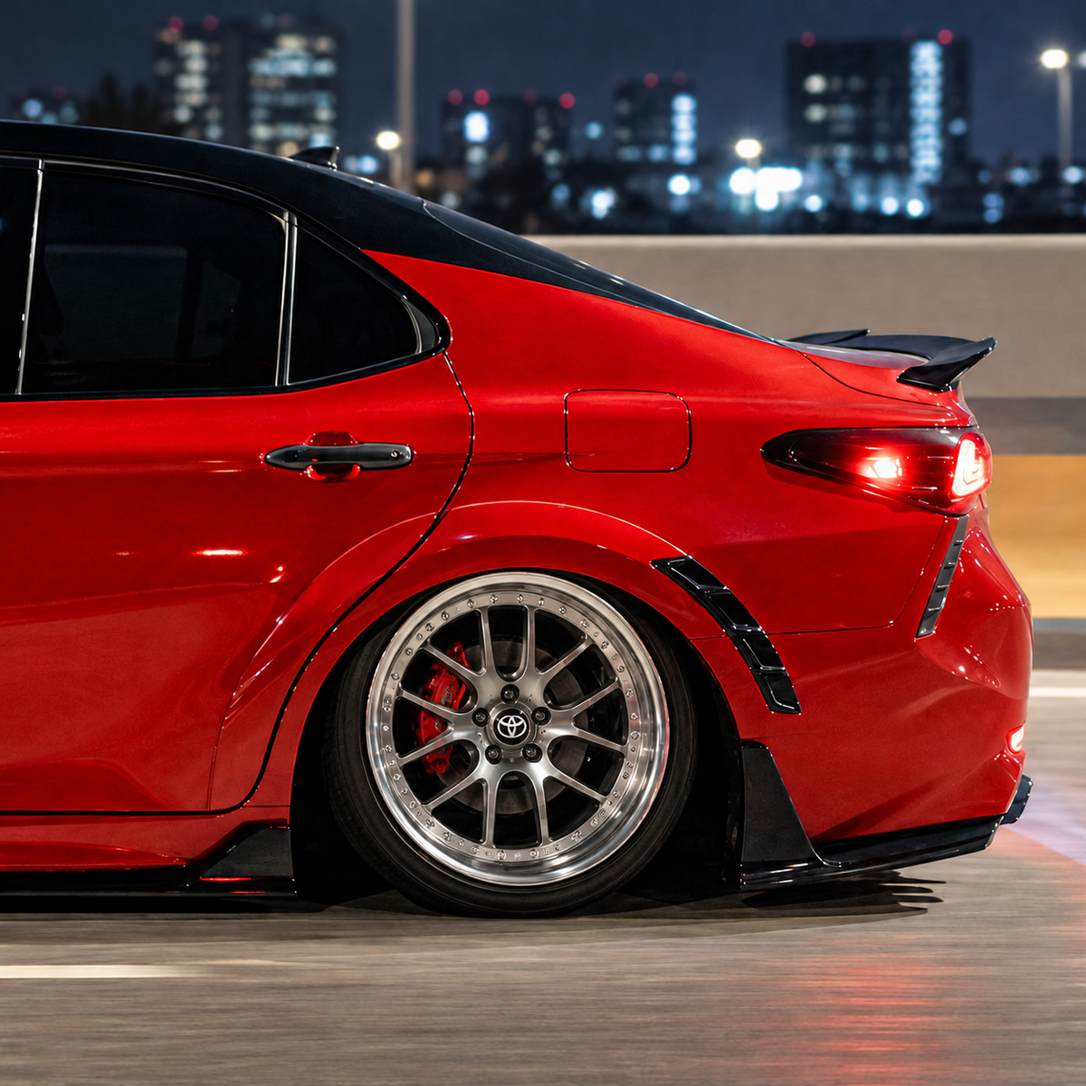 2018-2024 Camry YOFER V2 High-Kick Duckbill Trunk Spoiler — YOFER V2 spoiler raised profile, rear-quarter detail